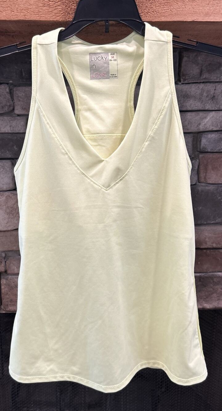Women’s LUCKY IN LOVE Yellow V Neck Racerback Tank Top Shirt Size M 8-10 *A5